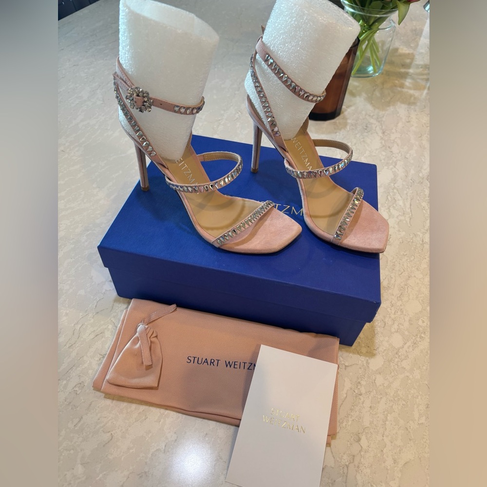Stuart Weitzman Gemcut 100 Strappy Crystal Sandal in Ballet Pink - Picture 6 of 11